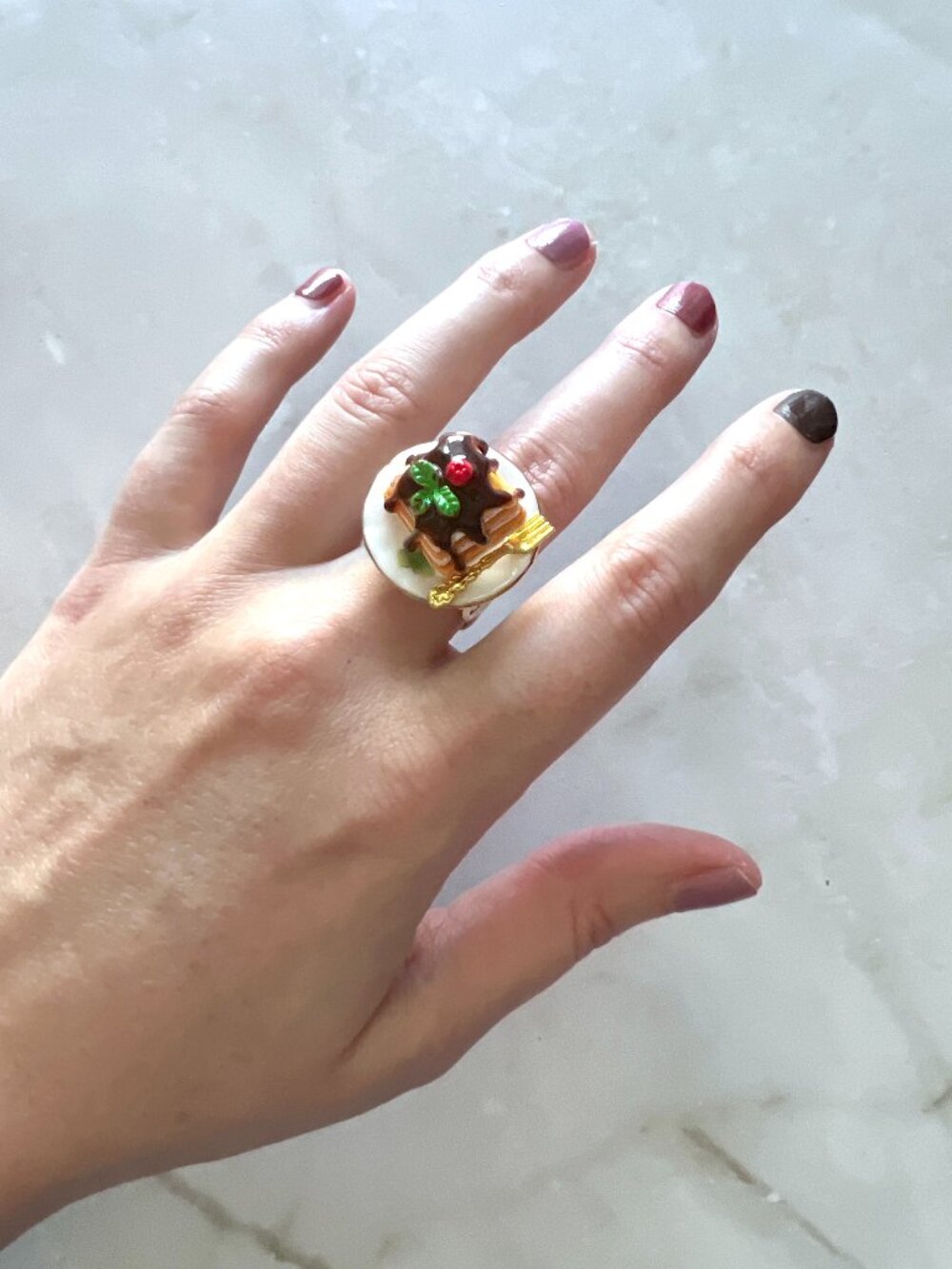 Chocolate Layered Cake Teacup Ring | Ceramic Plate | Miniature Food Jewelry